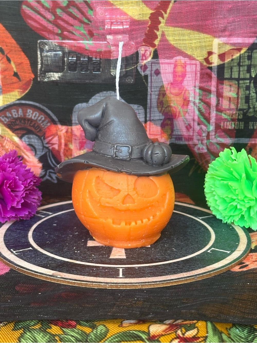 Hand Crafted Orange Pumpkin Candle with Black Witch Hat